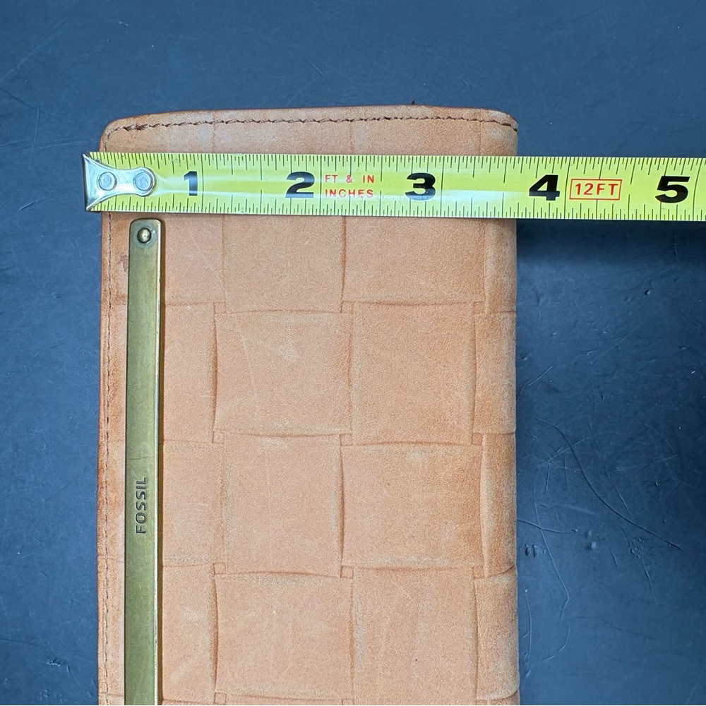 FOSSIL Camel Leather Wallet Liza Slim Bifold Weave Design 7x4 Unused Interior - Picture 8 of 8